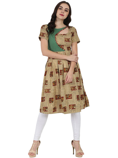 Beige printed half sleeve rayon anarkali kurta