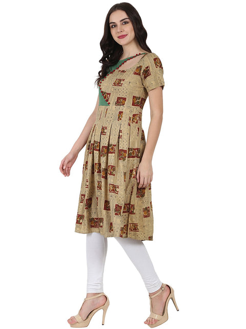 Beige printed half sleeve rayon anarkali kurta