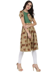 Beige printed half sleeve rayon anarkali kurta