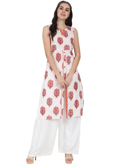 Off white printed sleeveless cotton kurta