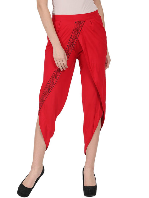 Red ankle length rayon block printed Dhoti