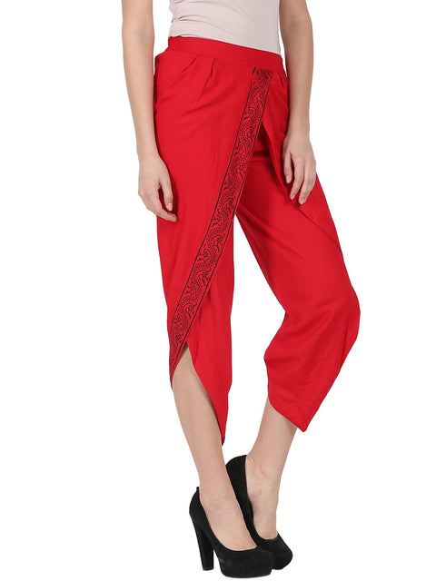 Red ankle length rayon block printed Dhoti