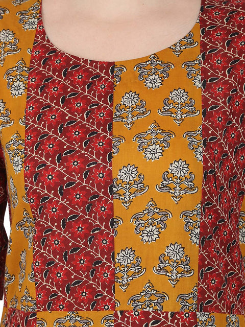 Yellow & Maroon printed 3/4th sleeve cotton A-line kurta