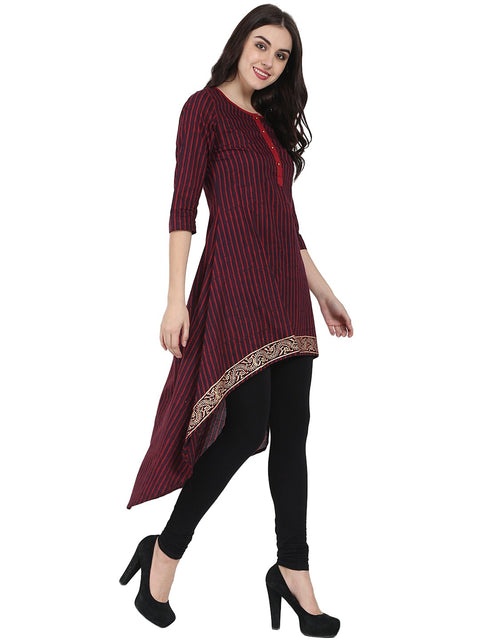 Maroon & Blue 3/4th sleeve block printed low high kurta