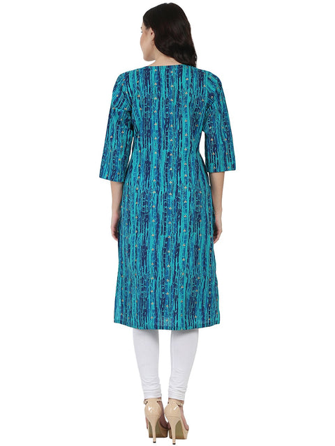 Blue printed 3/4th sleeve cotton Kurta with double pocket