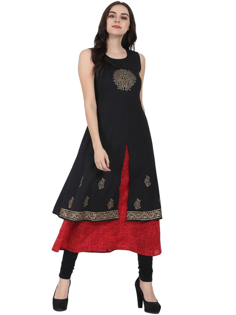 Black & red block printed sleeveless cotton Double layer kurta