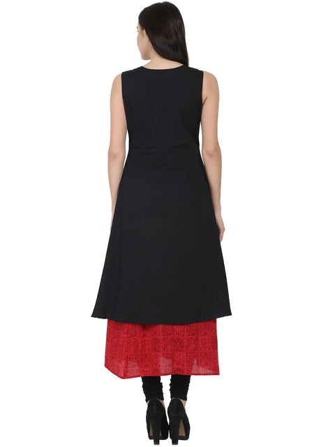 Black & red block printed sleeveless cotton Double layer kurta