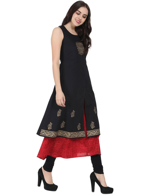 Black & red block printed sleeveless cotton Double layer kurta