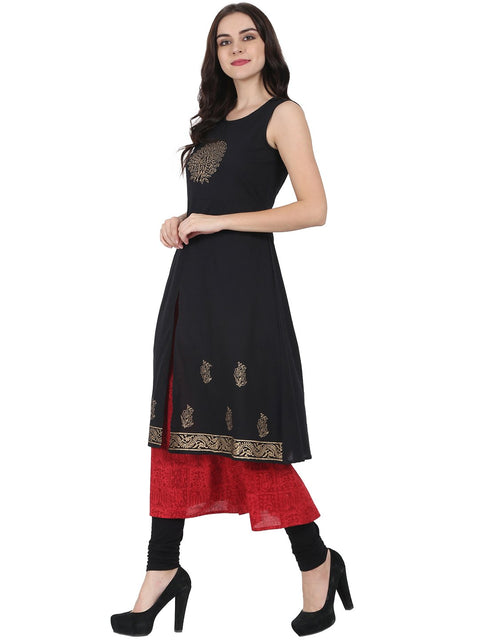 Black & red block printed sleeveless cotton Double layer kurta