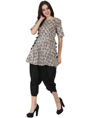 Grey printed half sleeve anarkali kurta with black ankle length dhoti