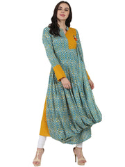 Yellow & Blue printed full sleeve cotton Anarkali kurta