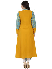 Yellow & Blue printed full sleeve cotton Anarkali kurta