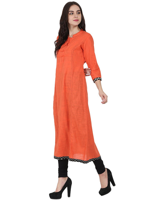 Orange 3/4th sleeve cotton slub A-line kurta