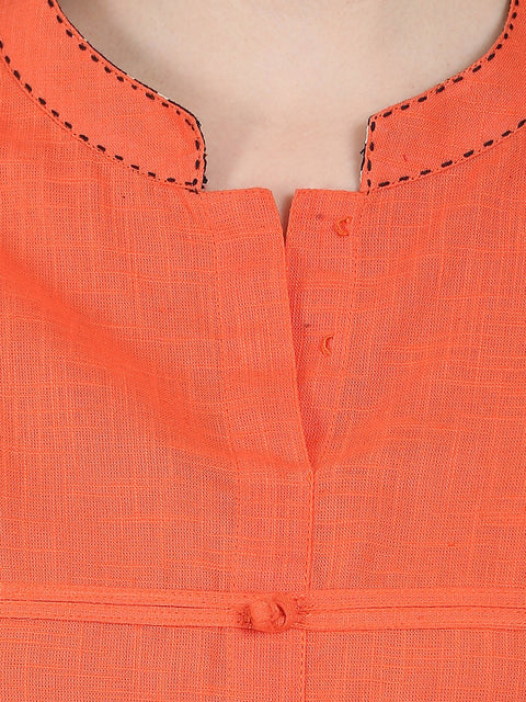 Orange 3/4th sleeve cotton slub A-line kurta