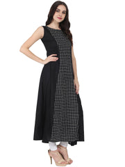 Black printed sleeveless cotton floor length A-line kurta