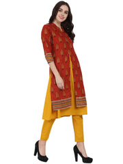 Red & Yellow printed 3/4th sleeve Cotton double layer A-line kurta with yellow ankle length palazzo
