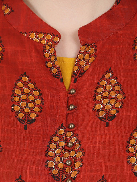 Red & Yellow printed 3/4th sleeve Cotton double layer A-line kurta with yellow ankle length palazzo