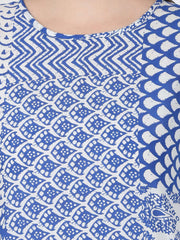 Blue printed 3/4th sleeve cold shoulder cotton kurta