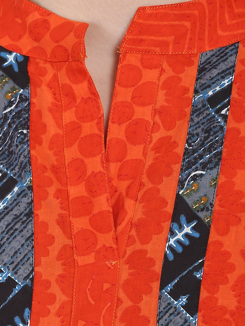 Orange 3/4th sleeve cotton A-line kurta with grey printed ankle length kurta