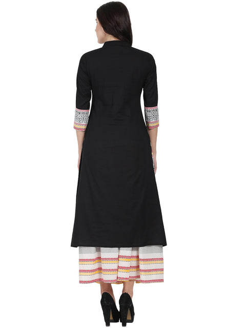 Black 3/4th sleeve cotton kurta with off white printed ankle length flared skirt