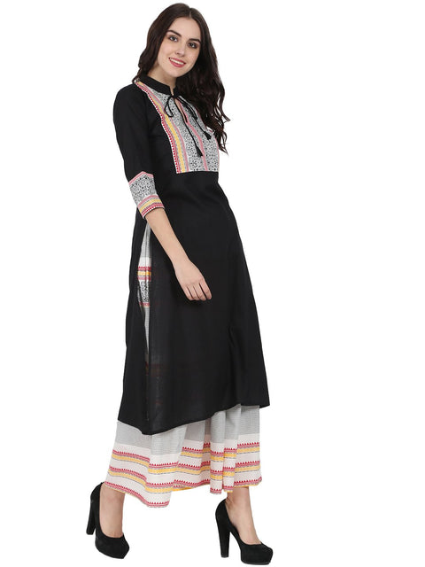 Black 3/4th sleeve cotton kurta with off white printed ankle length flared skirt