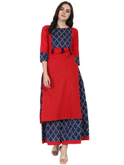 Red printed 3/4th sleeve cotton kurta with blue printed skirt