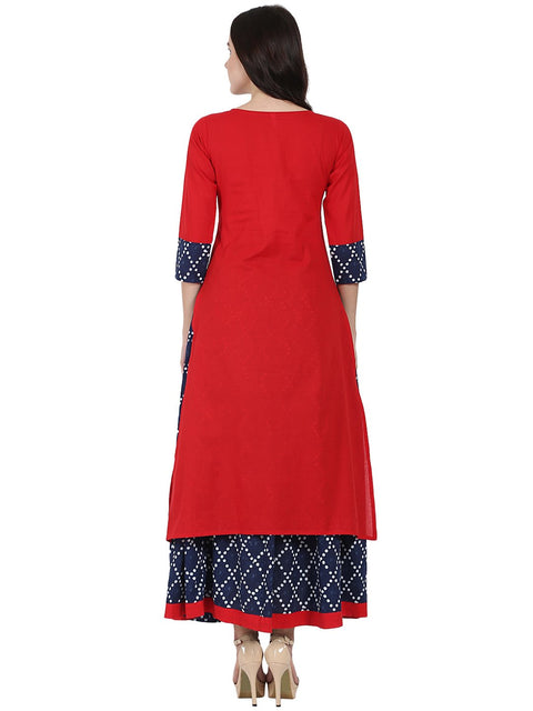 Red printed 3/4th sleeve cotton kurta with blue printed skirt