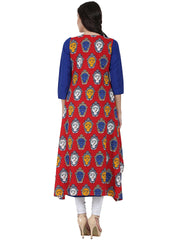 Blue 3/4th sleeve cotton anarkali kurta with red printed jacket