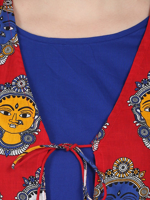 Blue 3/4th sleeve cotton anarkali kurta with red printed jacket