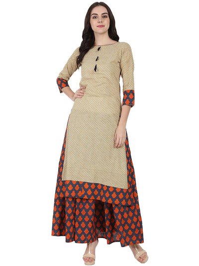 Beige printed 3/4th sleeve cotton kurta with blue printed ankle length flared skirt