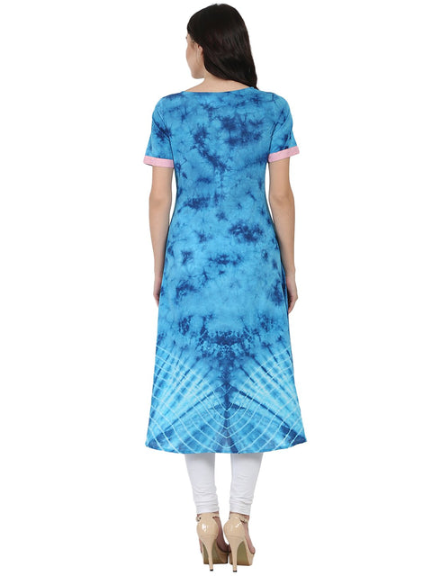 Blue printed half sleeve A-line Rayon kurta with Dori work at yoke