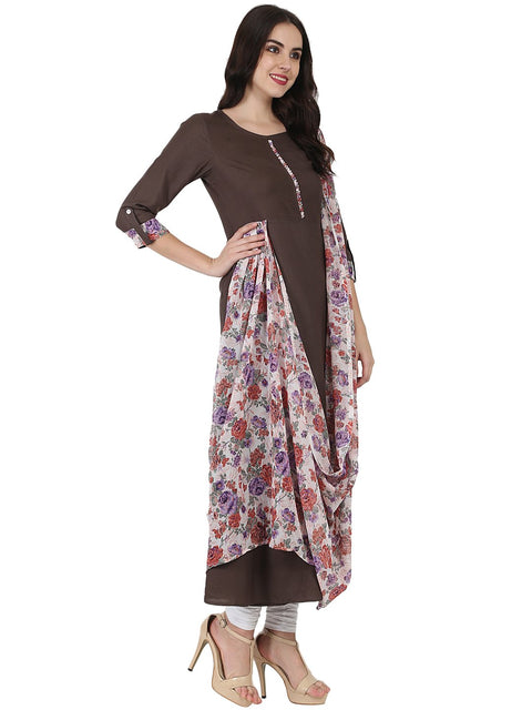 Coffee brown flower printed 3/4th sleeve Drape style cotton Anarkali kurta