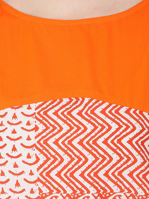 Orange printed 3/4th sleeve cold shoulder A-line kurta
