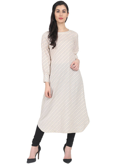 Nayo Off white Striped full sleeve cotton long A-line kurta