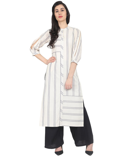 Nayo White striped 3/4th sleeve cotton straight kurta