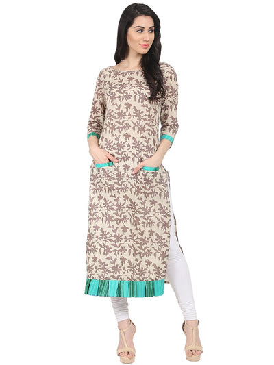 Nayo Beige printed 3/4th sleeve cotton straight kurta