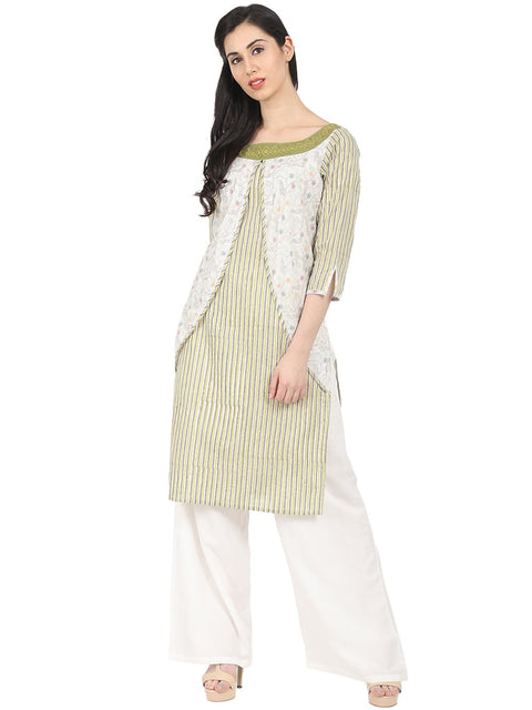 Nayo Green striped 3/4th sleeve cotton Kurta