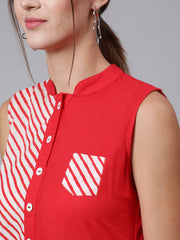 Women Red Stripe Printed Flared Sleeveless Dress