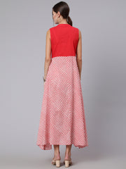 Women Red Stripe Printed Flared Sleeveless Dress