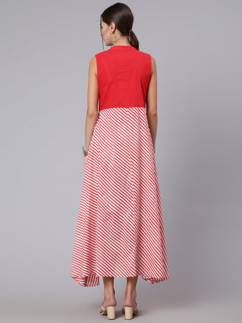 Women Red Stripe Printed Flared Sleeveless Dress