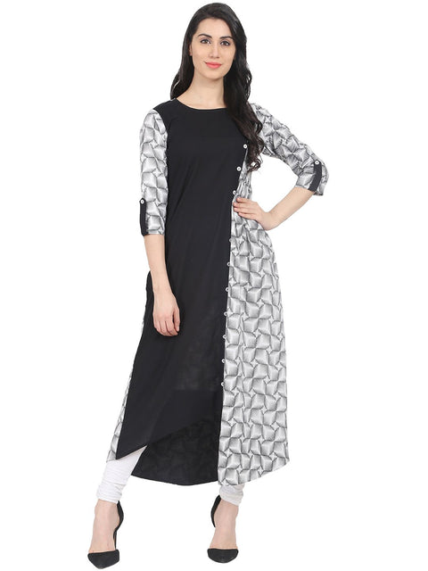 Nayo Black & off white printed 3/4th sleeve cotton A-line kurta