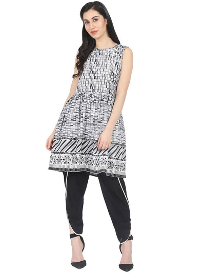 Nayo Grey check printed sleeveless cotton A-line kurta with black dhoti