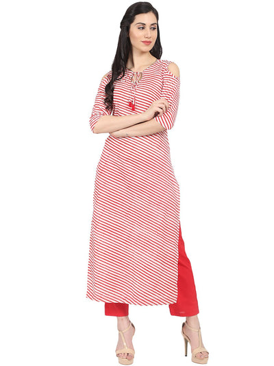Nayo Red striped 3/4th sleeve cotton Kurta with red straight palazzo