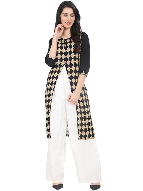 Nayo Black check 3/4th sleeve cotton kurta with front slit