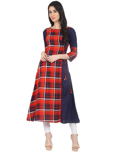 Nayo Red & Blue check 3/4th sleeve cotton A-line kurta with Dori work