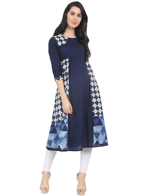 Nayo Blue printed 3/4th sleeve cotton A-line kurta