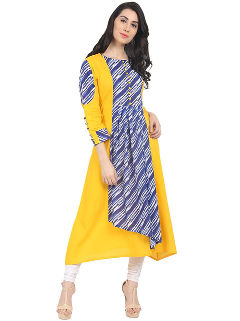 Nayo Yellow & Blue printed 3/4th sleeve cotton Anarkali kurta