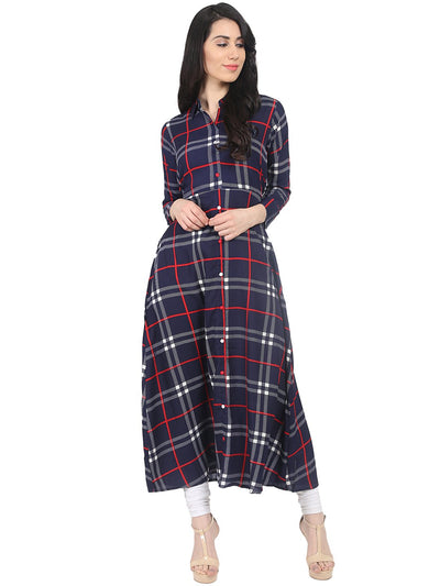 Nayo Navy Blue check printed 3/4th sleeve crepe A-line kurta