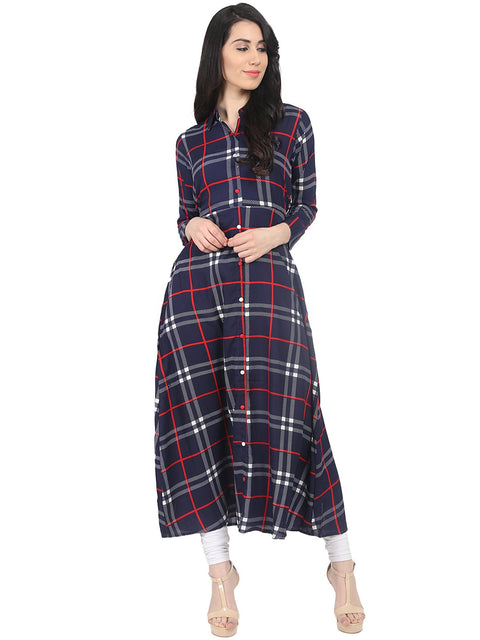 Nayo Navy Blue check printed 3/4th sleeve crepe A-line kurta