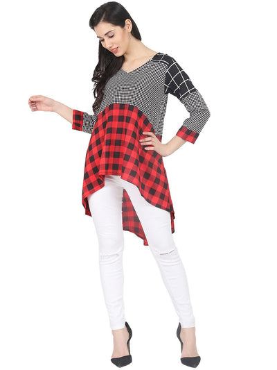Nayo Red & Black check 3/4th sleeve crepe Low high tunic